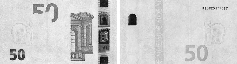 50 EUR banknote under infrared (IR reflection and transmission)