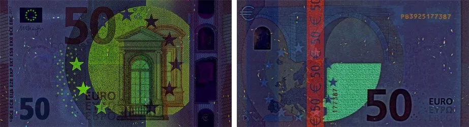 50 EUR banknote under ultraviolet (UV) light