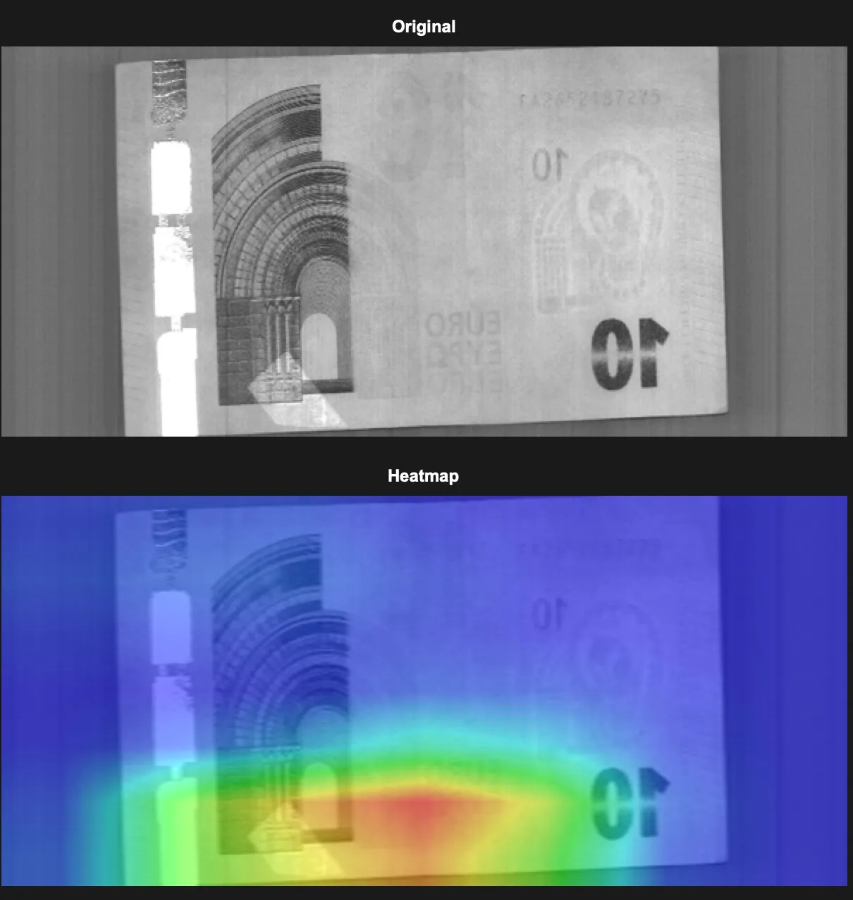 CIS captured banknote image (top) and AI attention heatmap showing where the neural network focuses to detect transparent scotch tape (bottom)